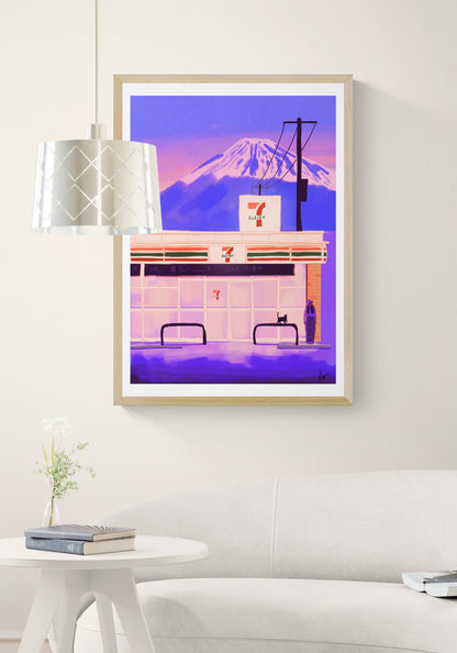Colourful vertical giclée print of a Japanese street glowing at night, with shops, lanterns and Mount Fuji beneath a deep blue sky, ideal as travel-inspired wall art.