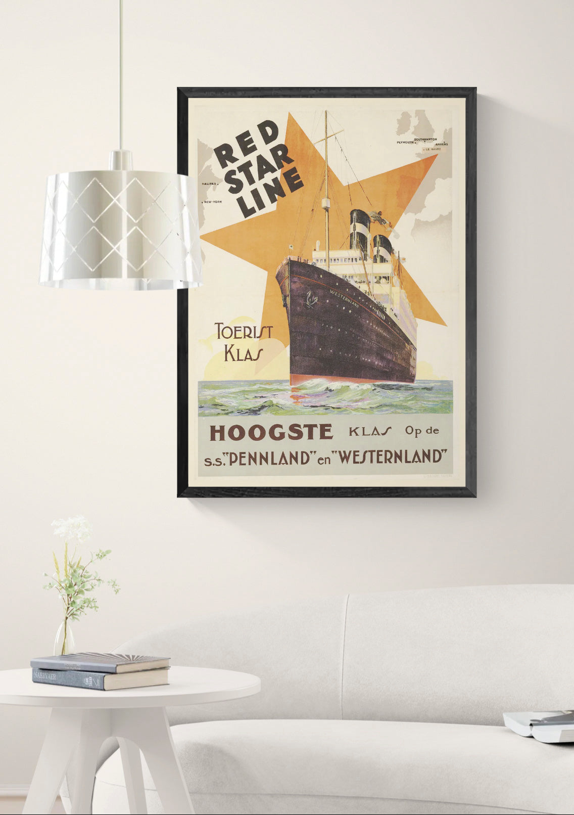 Vintage Red Star Line travel poster featuring the steamship Westernland against a large orange star, printed in portrait format as maritime wall art for classic and eclectic interiors.