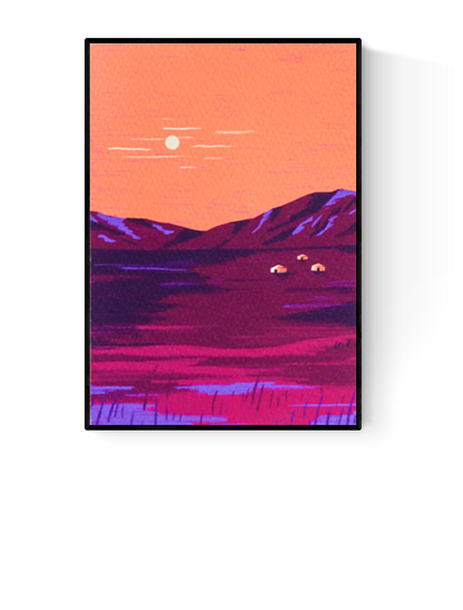 Colorful illustration of the Mongolian landscape at sunset with orange skies, purple mountains, and traditional yurts, created by Belgian illustrator Linde Raats.