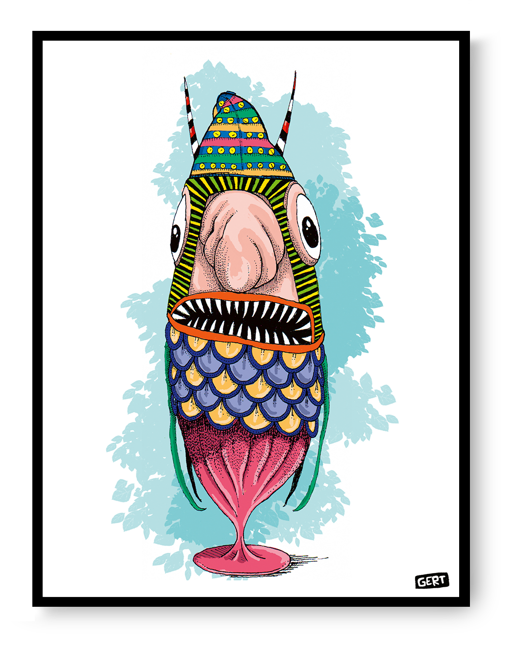 Monster 3 by Gert Paenen, colorful digital art print featuring a whimsical fantasy creature with large eyes, patterned scales, vibrant textures, and playful contemporary illustration style on premium 300 g/m² paper.