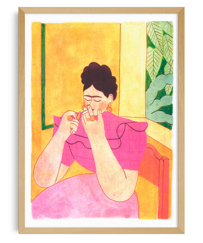 Modern minimalist illustration in warm tones depicting a woman in a pink dress and bold earrings lighting a cigarette, inspired by the iconic figure of Frida Kahlo. Contemporary artwork with a nostalgic feel, perfect for artistic decor, lovers of feminine portraiture, and expressive interiors.