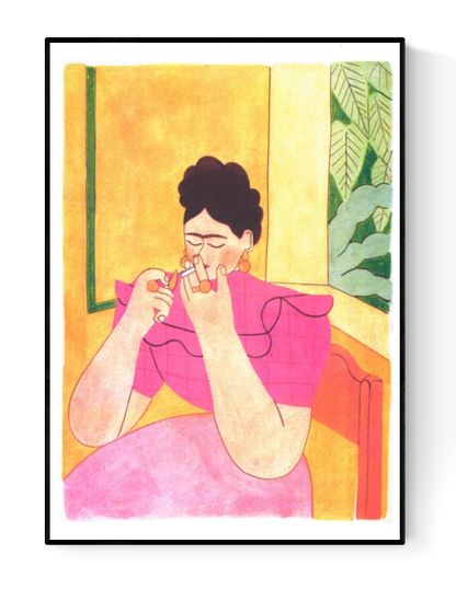 Frida Kahlo art print by Morgane Fadanelli – colorful risograph illustration of iconic Mexican artist in pink dress, sitting in a sunlit room with plants, printed on A3 Munken paper, modern wall art made in France
