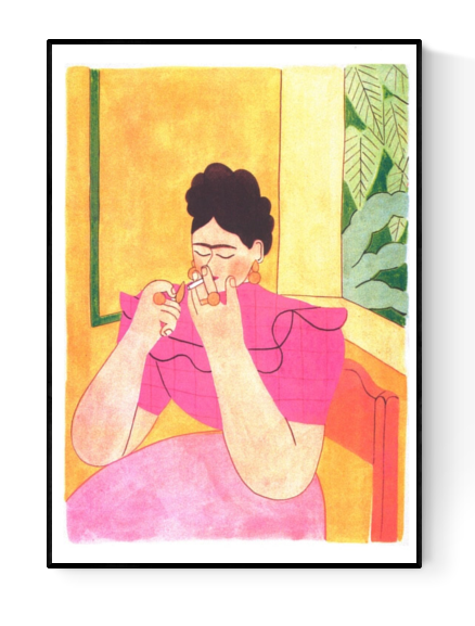 Frida Kahlo art print by Morgane Fadanelli – colorful risograph illustration of iconic Mexican artist in pink dress, sitting in a sunlit room with plants, printed on A3 Munken paper, modern wall art made in France