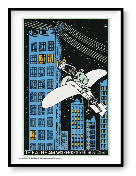 Vertical vintage giclée art print by Moriz Jung showing a man in an aeroplane offering flowers to a woman in a skyscraper, with blue buildings, yellow windows and a black night sky, ideal for playful wall decor.