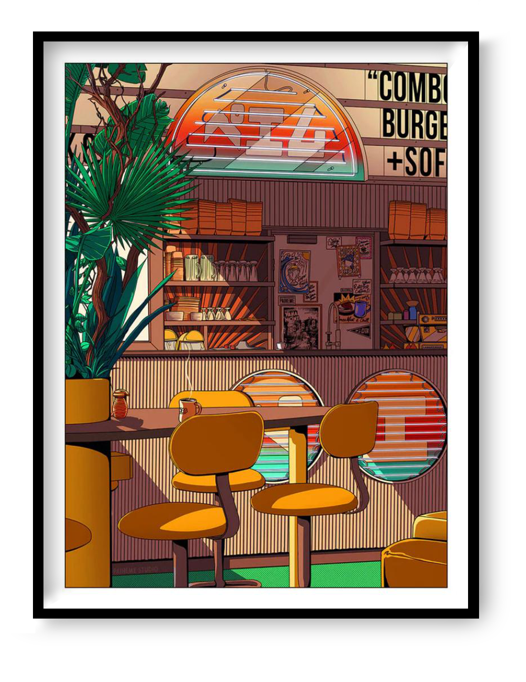 Retro diner interior illustration with orange bar stools, neon coffee sign, and warm vintage café atmosphere, Morning Coffee art print by Paiheme Studio, 30 x 40 cm wall art for kitchen or coffee corner decor.