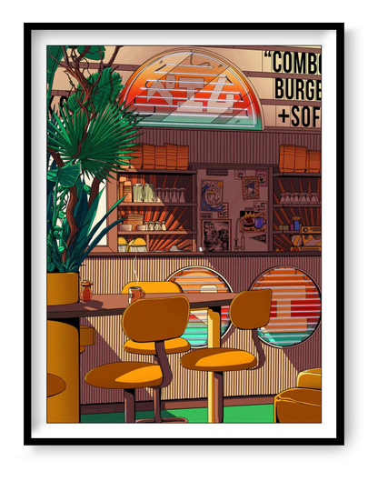 Retro diner interior illustration with orange bar stools, neon coffee sign, and warm vintage café atmosphere, Morning Coffee art print by Paiheme Studio, 30 x 40 cm wall art for kitchen or coffee corner decor.