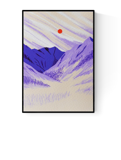 Minimalist landscape art print of purple mountains and an orange sun in a serene meadow – Mountain Meadow by Linde Raats, A6 Giclée illustration.