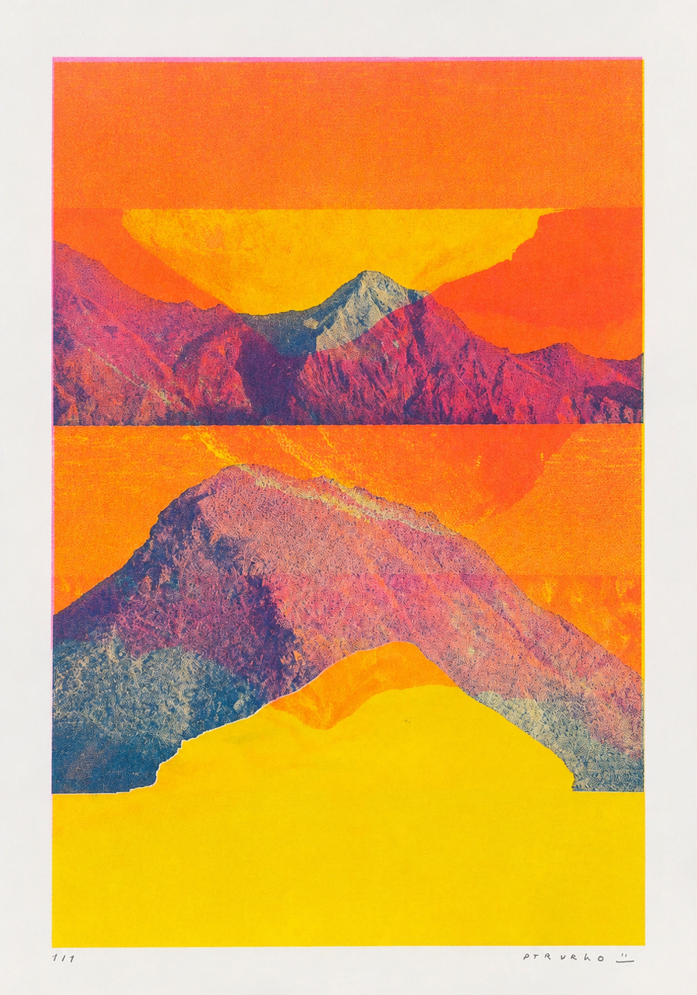 Mountain Landscape - Komodo by PTRVRKD, vertical A3 risograph print featuring layered mountains in vivid orange, yellow, pink and blue, ideal as colourful contemporary wall art.