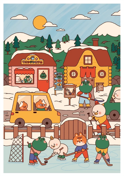 Mountain Village by Niniwanted, a colorful vertical digital art print of cute animal characters playing ice hockey in a snowy Japanese-inspired village, with cozy cabins, pine trees, and mountains.