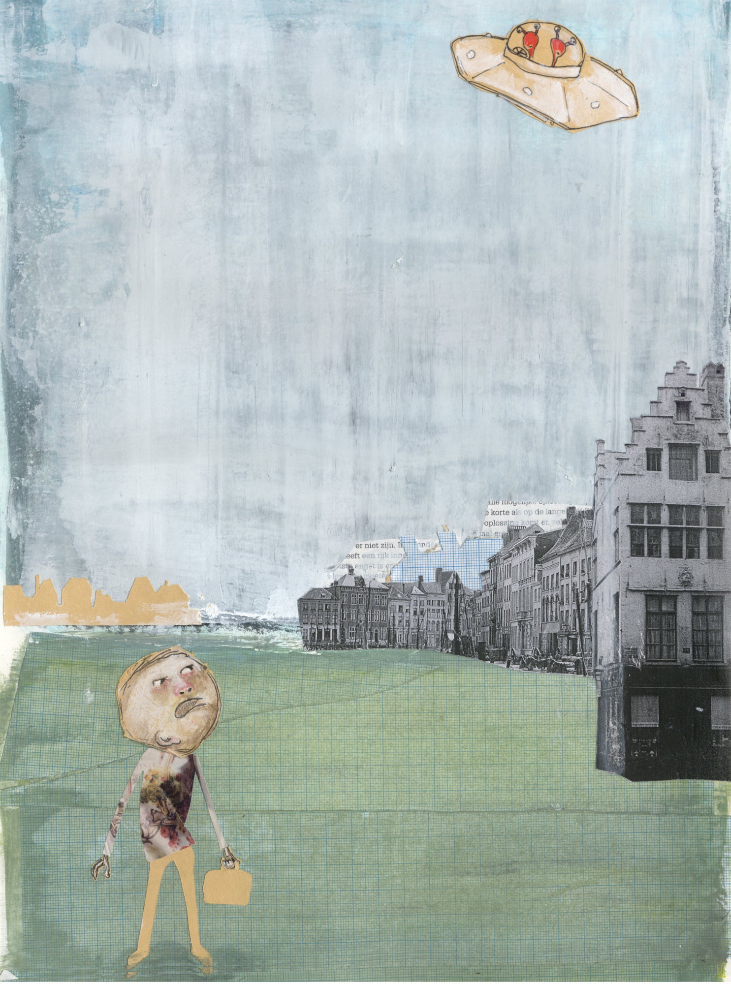 Surreal art print of Mister Humprey standing on a green field under a UFO, with vintage city buildings in the background, illustrated by Studio Frits in collage style. Printed on 300g paper and made in Belgium.