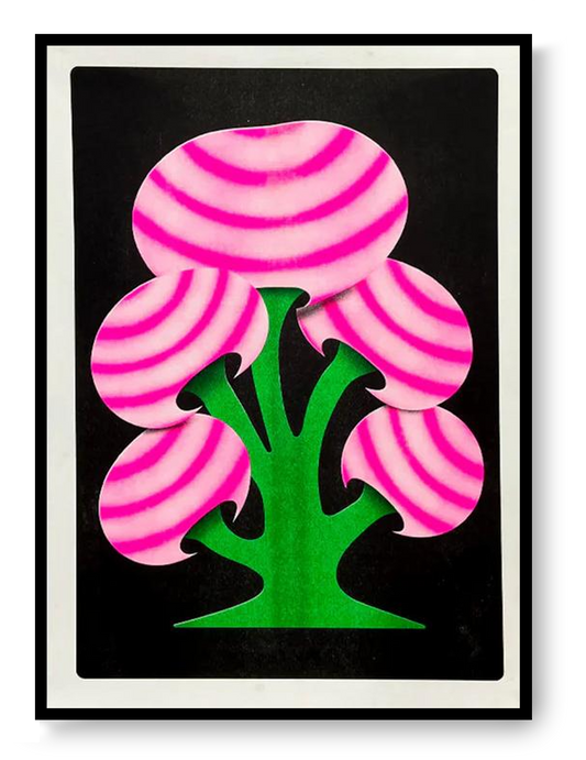 Limited A3 Mushroom risograph art print by PTRVRKD with neon pink mushroom shapes and green forms on a black background, signed and numbered edition of 6.