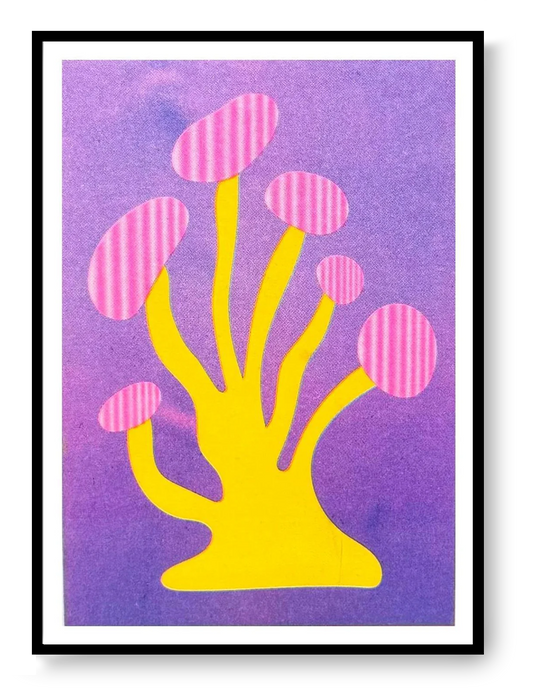 Mushroom 2 risograph art print by PTRVRKD featuring bright yellow stems and pink mushroom caps on a purple background, handprinted with soy inks on Biotop paper.
