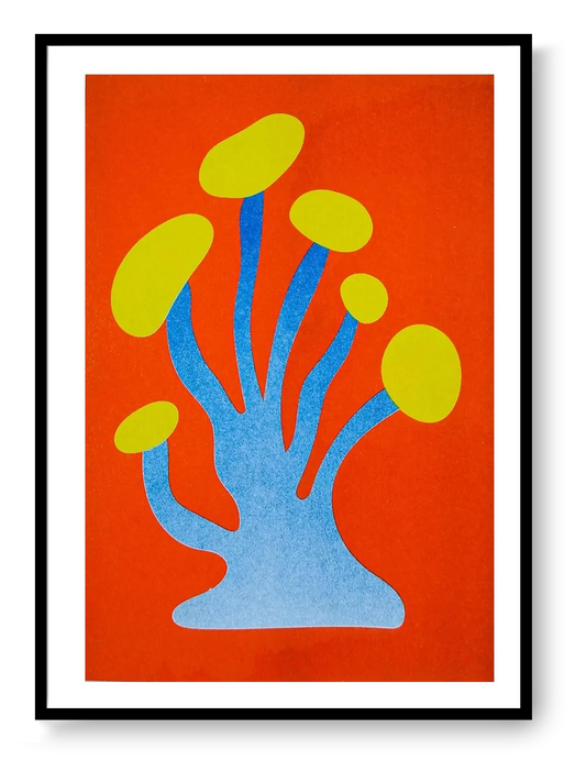 Mushroom 5 risograph art print by PTRVRKD featuring a bold abstract mushroom shape in orange, blue, and yellow, handprinted with soy inks on Biotop paper.