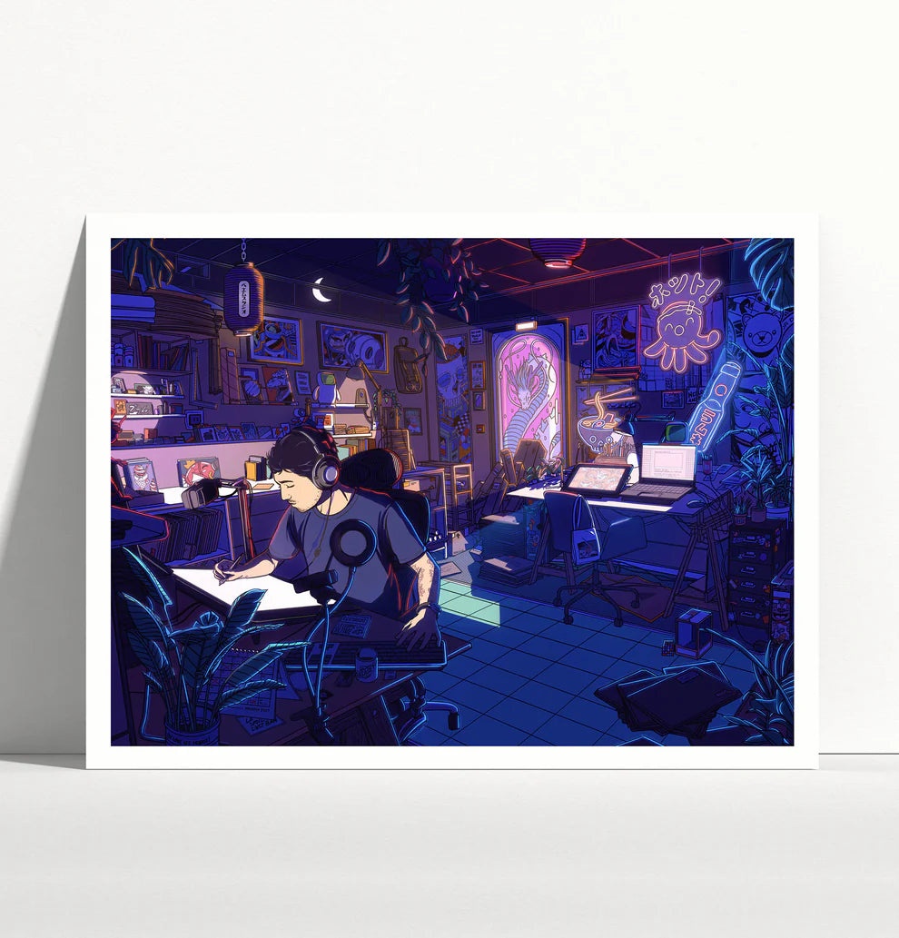 Neons Studio art print by Paiheme Studio, 30x40 cm digital illustration on 250g Inapa Tradition Blanc Naturel paper, depicting a neon-lit Japanese pop culture artist workspace in vivid purple, blue, and pink tones.