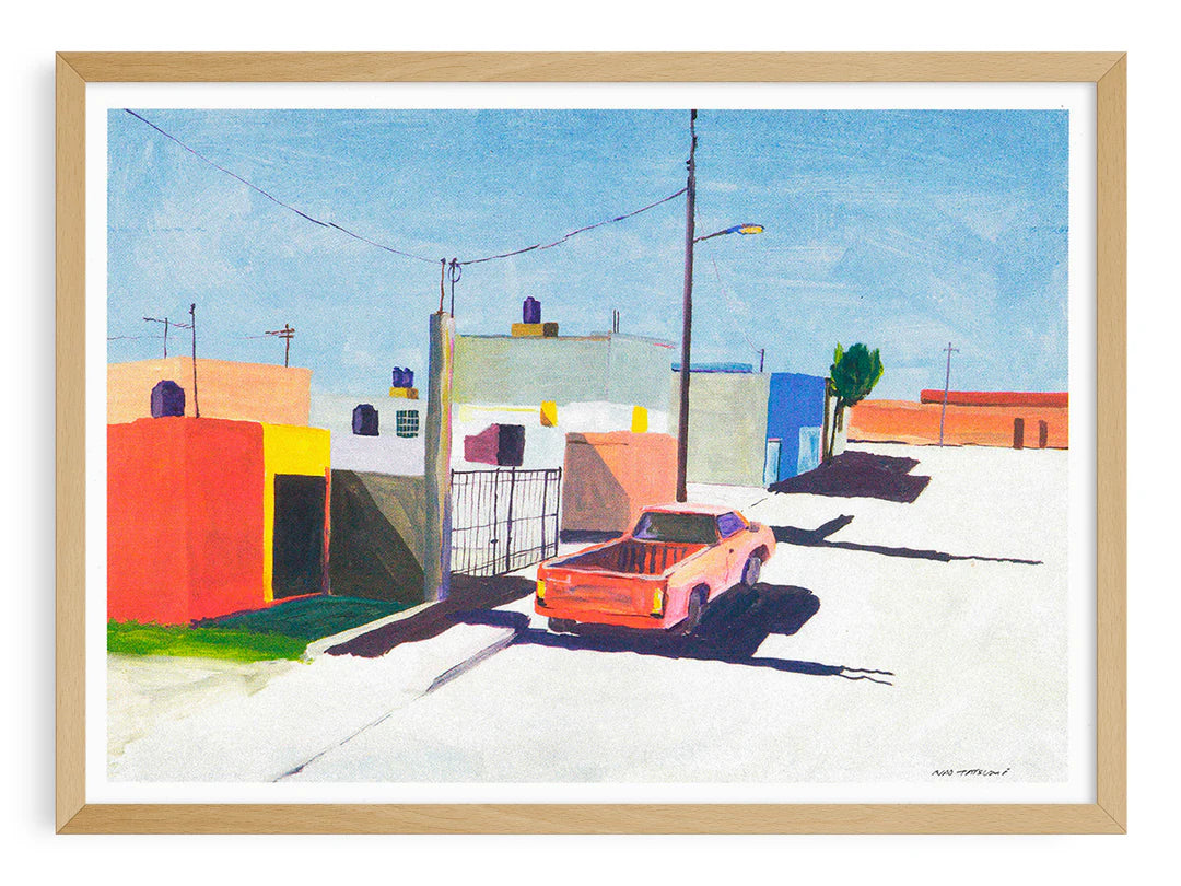 Risograph art print of San Luis Potosi, Mexico City by Japanese artist Nao Tatsumi. A colorful urban street scene featuring pastel buildings and a red pickup truck under bright sunlight, capturing the beauty of everyday Mexican architecture in a minimalist, painterly style.