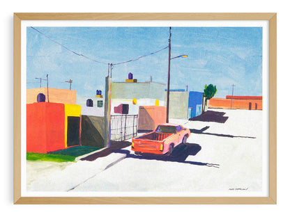 Risograph art print of San Luis Potosi, Mexico City by Japanese artist Nao Tatsumi. A colorful urban street scene featuring pastel buildings and a red pickup truck under bright sunlight, capturing the beauty of everyday Mexican architecture in a minimalist, painterly style.