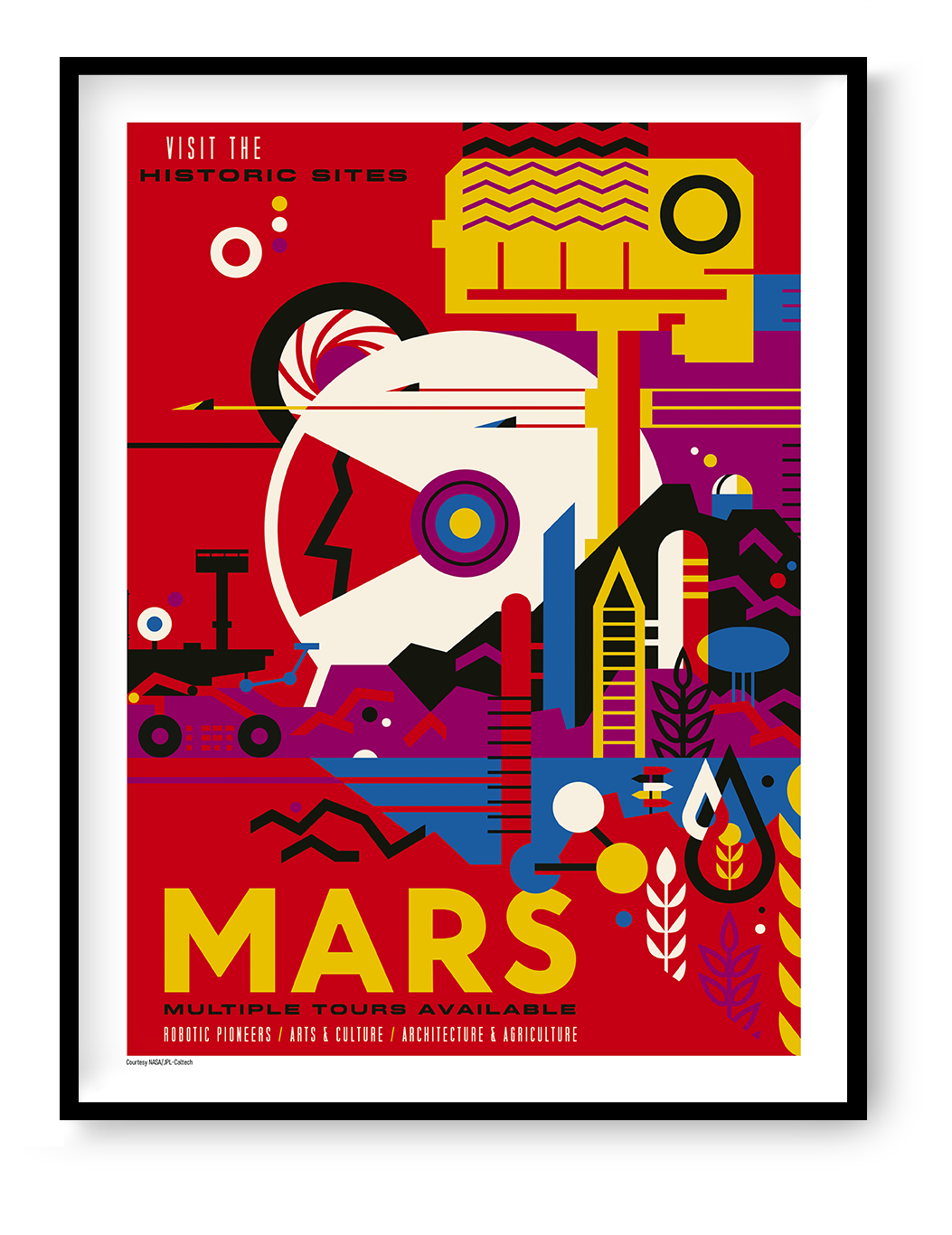 NASA Mars vertical art print featuring bold red, yellow, blue and black geometric graphics in a retro-futurist travel poster style, ideal as colourful wall art for modern home decor.