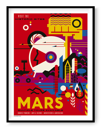 NASA Mars vertical art print featuring bold red, yellow, blue and black geometric graphics in a retro-futurist travel poster style, ideal as colourful wall art for modern home decor.