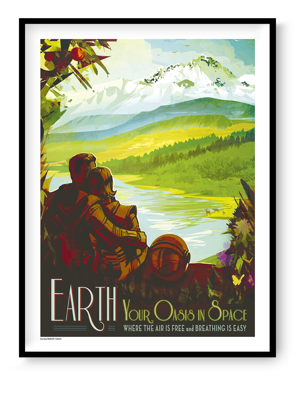 NASA Earth retro travel poster showing a couple overlooking a vivid mountain lake landscape, with green, blue, yellow and orange tones. Vertical digital print for colourful wall art and home decor.