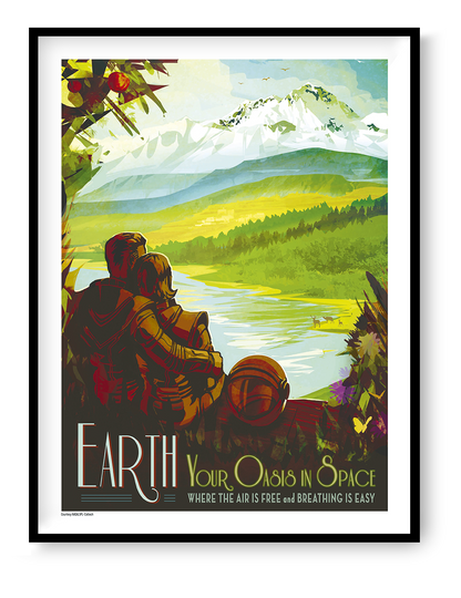 NASA Earth retro travel poster showing a couple overlooking a vivid mountain lake landscape, with green, blue, yellow and orange tones. Vertical digital print for colourful wall art and home decor.