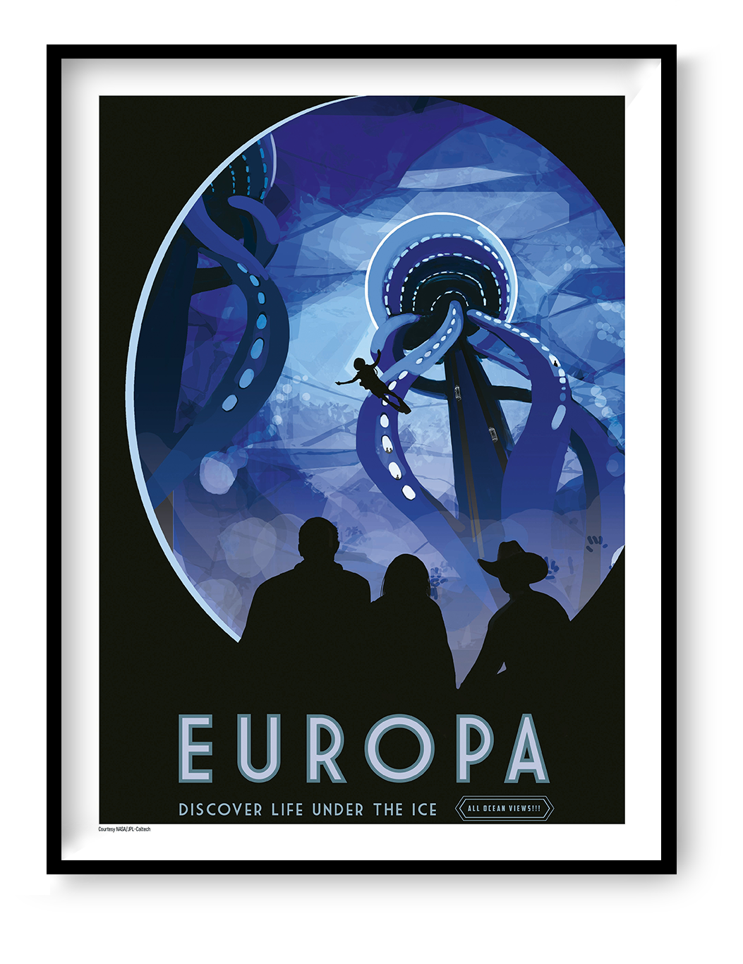 NASA Europa digital print showing an imagined underwater expedition beneath Jupiter’s icy moon, in deep blue and black tones with a retro space-poster style. Vertical wall art for modern interiors.