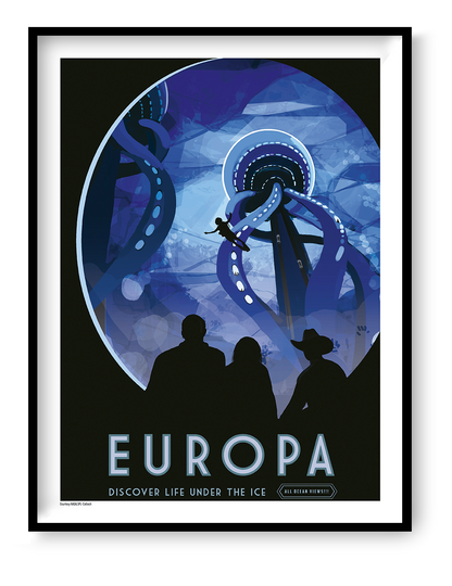 NASA Europa digital print showing an imagined underwater expedition beneath Jupiter’s icy moon, in deep blue and black tones with a retro space-poster style. Vertical wall art for modern interiors.