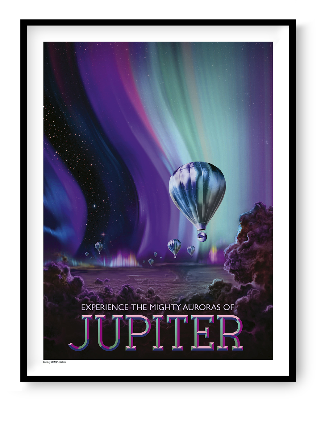 NASA Jupiter digital print showing hot-air balloons floating beneath vivid purple, turquoise and blue auroras, vertical retro-futurist space wall art for colourful home decor.