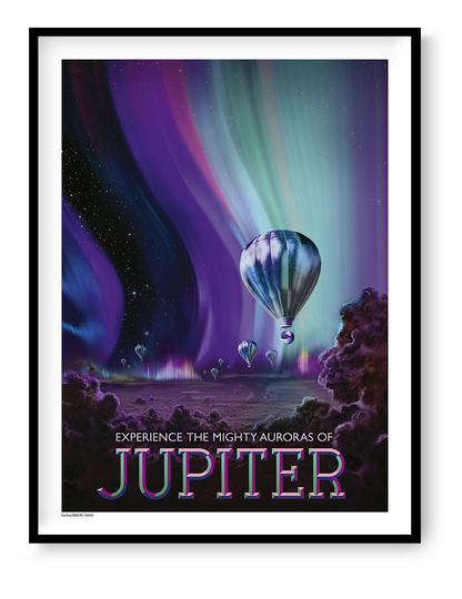 NASA Jupiter digital print showing hot-air balloons floating beneath vivid purple, turquoise and blue auroras, vertical retro-futurist space wall art for colourful home decor.