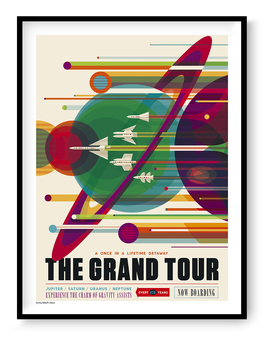 The Grand Tour NASA digital print featuring colourful retro-futurist planets, spacecraft and Saturn rings in a vertical poster design, ideal as bold space-themed wall art.