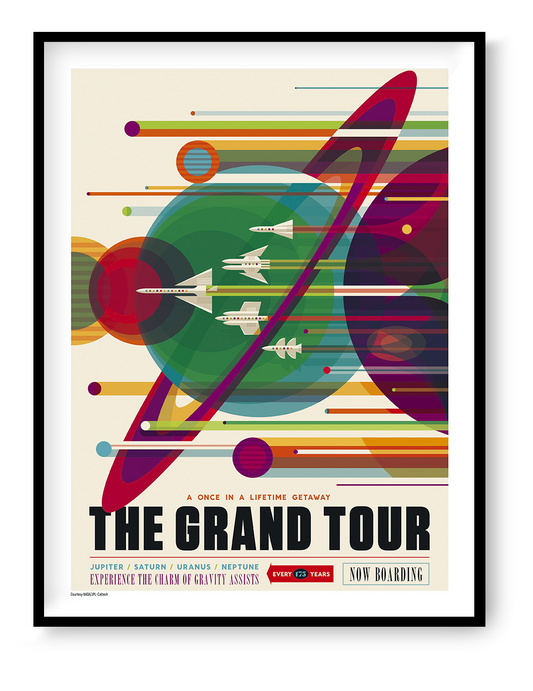 The Grand Tour NASA digital print featuring colourful retro-futurist planets, spacecraft and Saturn rings in a vertical poster design, ideal as bold space-themed wall art.