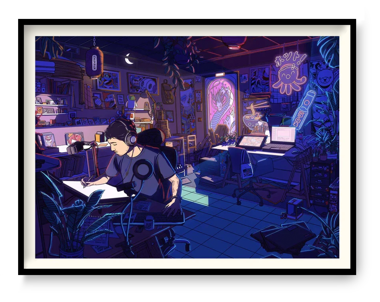 Neon anime style illustration of a creative artist working late at night in a detailed studio filled with glowing screens, Japanese pop culture elements, and retro gadgets, digital art print by Paiheme Studio