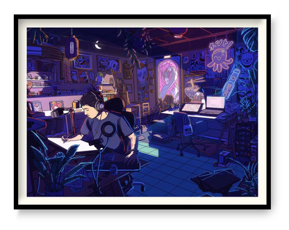 Neon anime style illustration of a creative artist working late at night in a detailed studio filled with glowing screens, Japanese pop culture elements, and retro gadgets, digital art print by Paiheme Studio