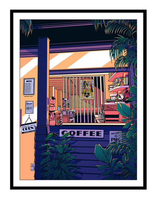 Night Coffee art print by Paiheme Studio showing a cozy Japanese coffee shop window at night with warm neon lights, plants, and retro city atmosphere, colorful detailed illustration for modern home decor