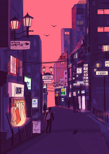 Fine art giclée print titled “Nights in Japan” by Valeria Maggiani featuring a cinematic Japanese city street at dusk with neon signs, warm shop lights, urban silhouettes, and a pink-purple evening sky, printed on 100% cotton textured paper A4 size, ideal for modern home decor and contemporary wall art in Belgium and Europe.
