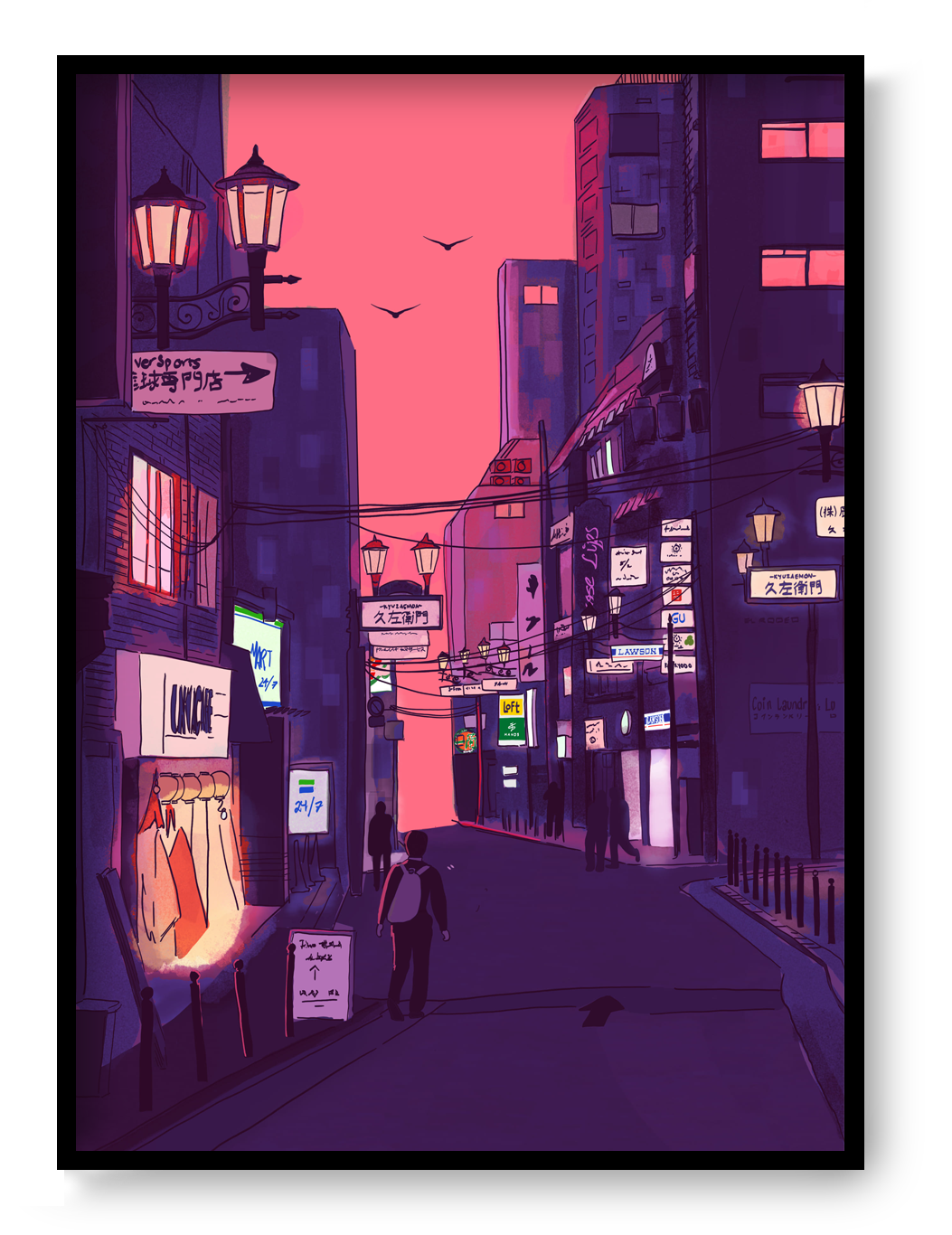 Fine art giclée print titled “Nights in Japan” by Valeria Maggiani featuring a cinematic Japanese city street at dusk with neon signs, warm shop lights, urban silhouettes, and a pink-purple evening sky, printed on 100% cotton textured paper A4 size, ideal for modern home decor and contemporary wall art in Belgium and Europe.