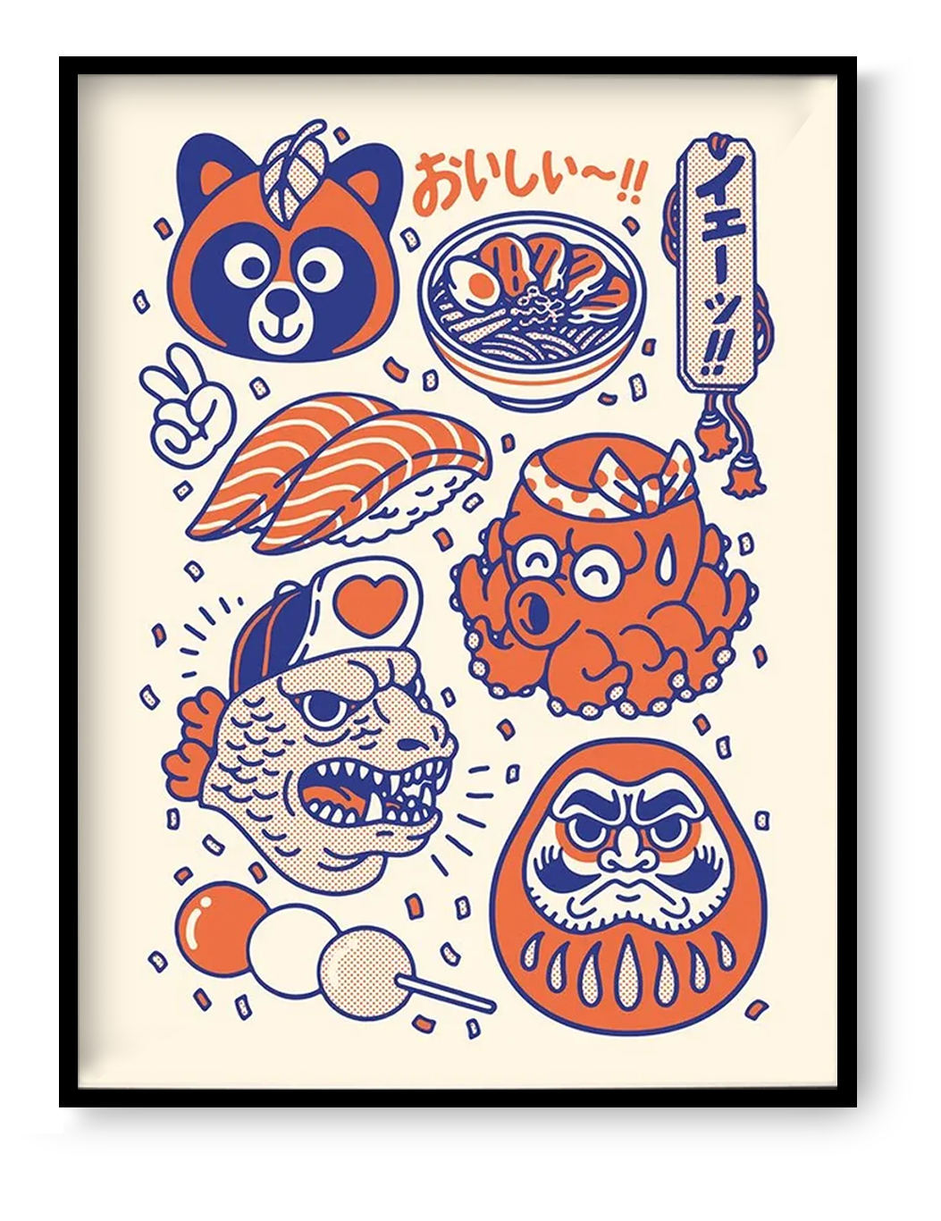 Japanese culture illustration featuring sushi, ramen bowl, daruma doll, octopus, raccoon mascot and traditional Japanese food icons in colorful retro pop art style, 30x40 cm wall art print