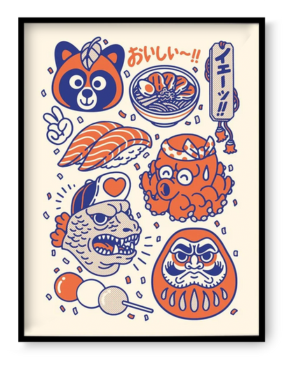 Japanese culture illustration featuring sushi, ramen bowl, daruma doll, octopus, raccoon mascot and traditional Japanese food icons in colorful retro pop art style, 30x40 cm wall art print