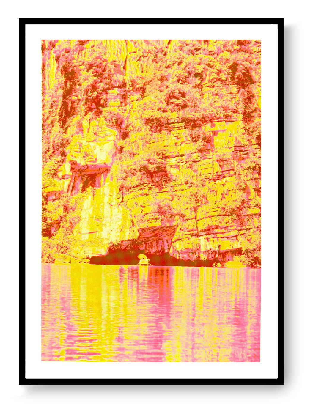 Vibrant risograph art print inspired by the cliffs and waterways of Ninh Binh, Vietnam, featuring bold neon yellows and pinks, textured rock formations, and reflective water. Contemporary limited-edition A3 artwork by PTRVRKD printed on Munken Pure Rough paper, perfect for modern interior decor.