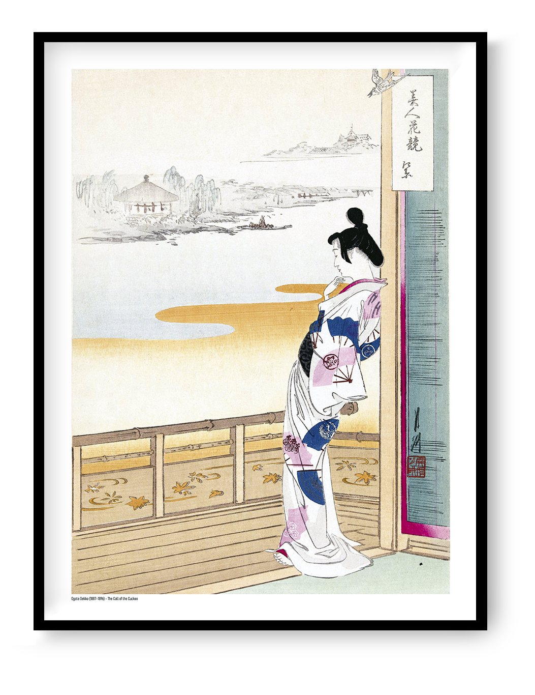 Ogata Gekko Japanese digital print showing a woman in kimono standing on a veranda overlooking a soft riverside landscape, with pale blue, pink and ochre tones in vertical format for elegant wall decor.