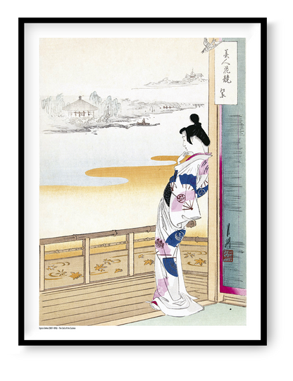 Ogata Gekko Japanese digital print showing a woman in kimono standing on a veranda overlooking a soft riverside landscape, with pale blue, pink and ochre tones in vertical format for elegant wall decor.