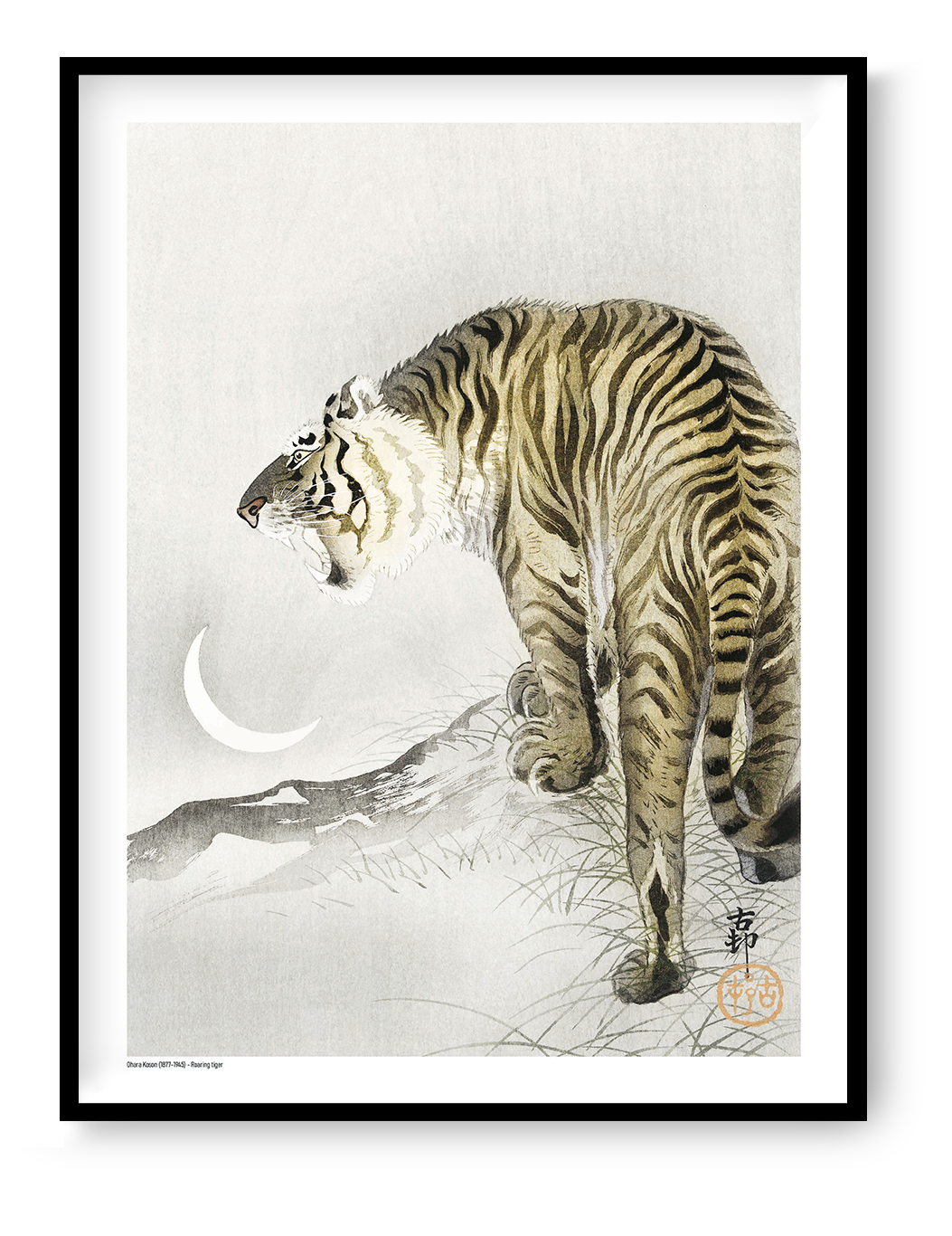 Roaring tiger by Ohara Koson beneath a white crescent moon, Japanese-style vertical digital print in muted beige, black and grey tones for wildlife wall art and home decor.