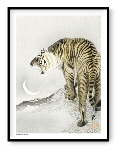 Roaring tiger by Ohara Koson beneath a white crescent moon, Japanese-style vertical digital print in muted beige, black and grey tones for wildlife wall art and home decor.