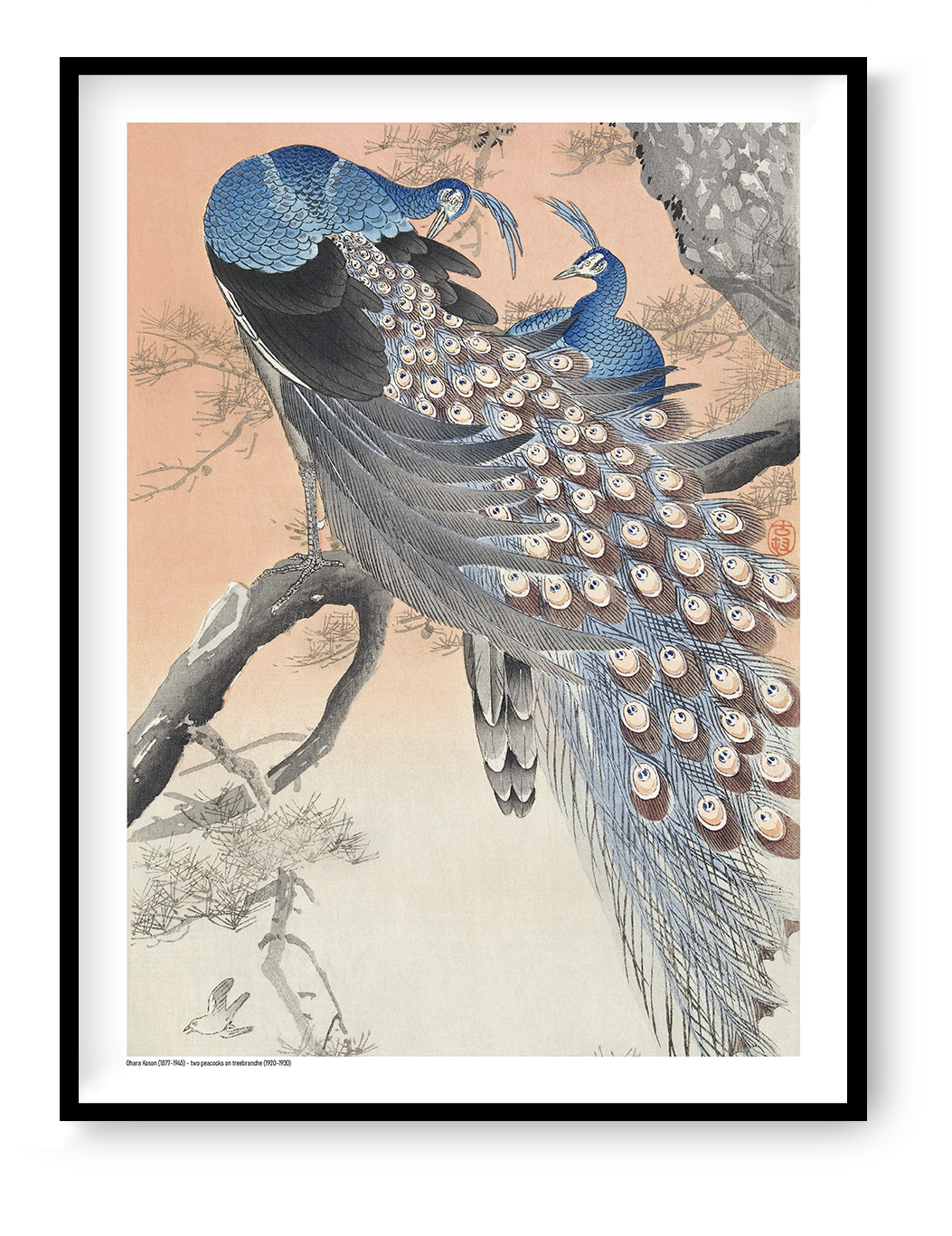 Two blue peacocks perched on a pine tree branch in a vintage Japanese woodblock style by Ohara Koson, with peach, grey and cream tones. Vertical digital art print for elegant wall decor.