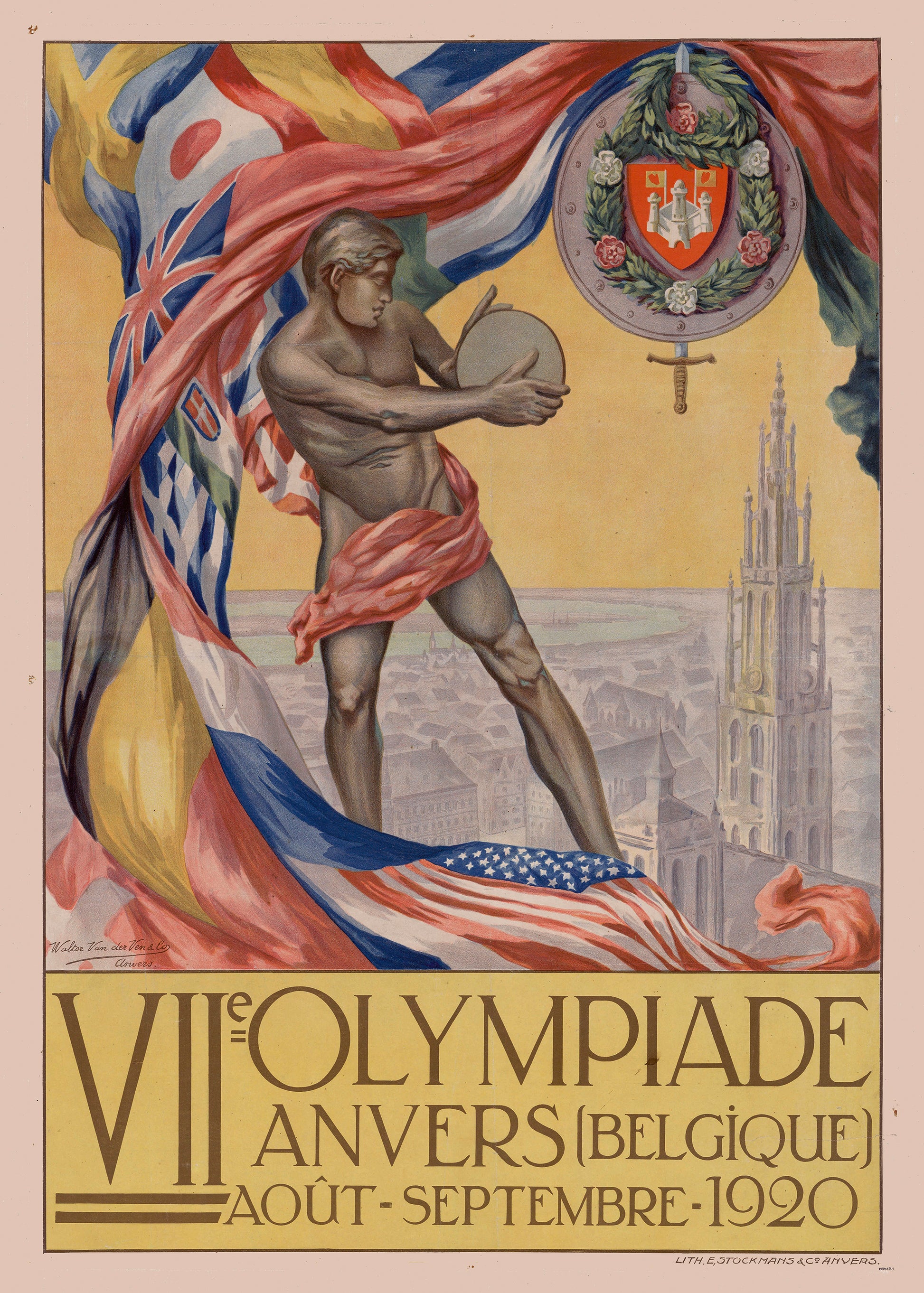 Vertical digital reproduction of the 1920 Antwerp Olympics poster featuring a classical athlete, international flags and Antwerp Cathedral in a colourful vintage Art Deco style for historical wall decor.