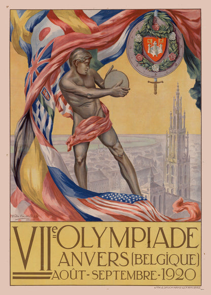 Vertical digital reproduction of the 1920 Antwerp Olympics poster featuring a classical athlete, international flags and Antwerp Cathedral in a colourful vintage Art Deco style for historical wall decor.