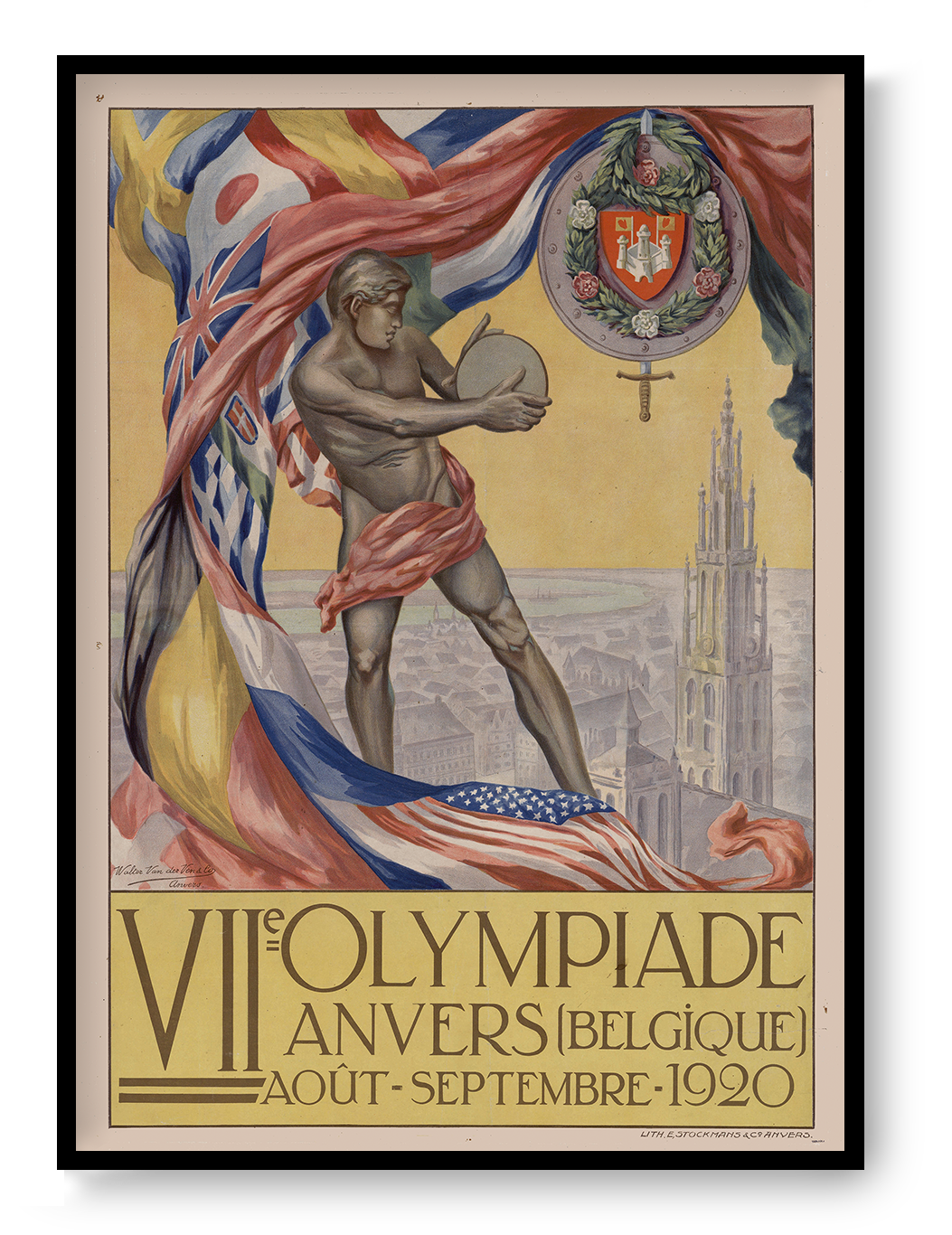 Vertical digital reproduction of the 1920 Antwerp Olympics poster featuring a classical athlete, international flags and Antwerp Cathedral in a colourful vintage Art Deco style for historical wall decor.