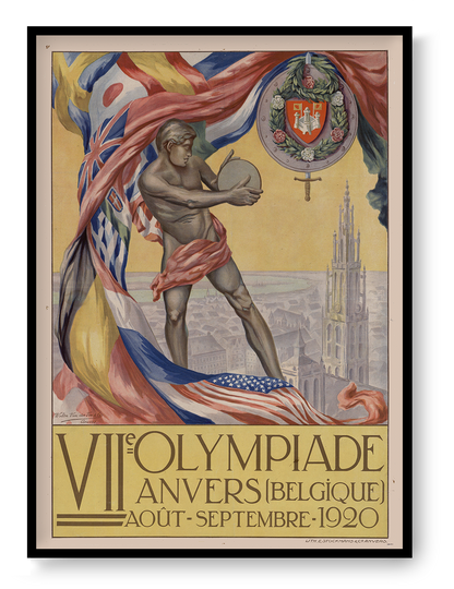 Vertical digital reproduction of the 1920 Antwerp Olympics poster featuring a classical athlete, international flags and Antwerp Cathedral in a colourful vintage Art Deco style for historical wall decor.