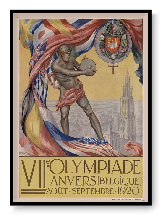 Vertical digital reproduction of the 1920 Antwerp Olympics poster featuring a classical athlete, international flags and Antwerp Cathedral in a colourful vintage Art Deco style for historical wall decor.