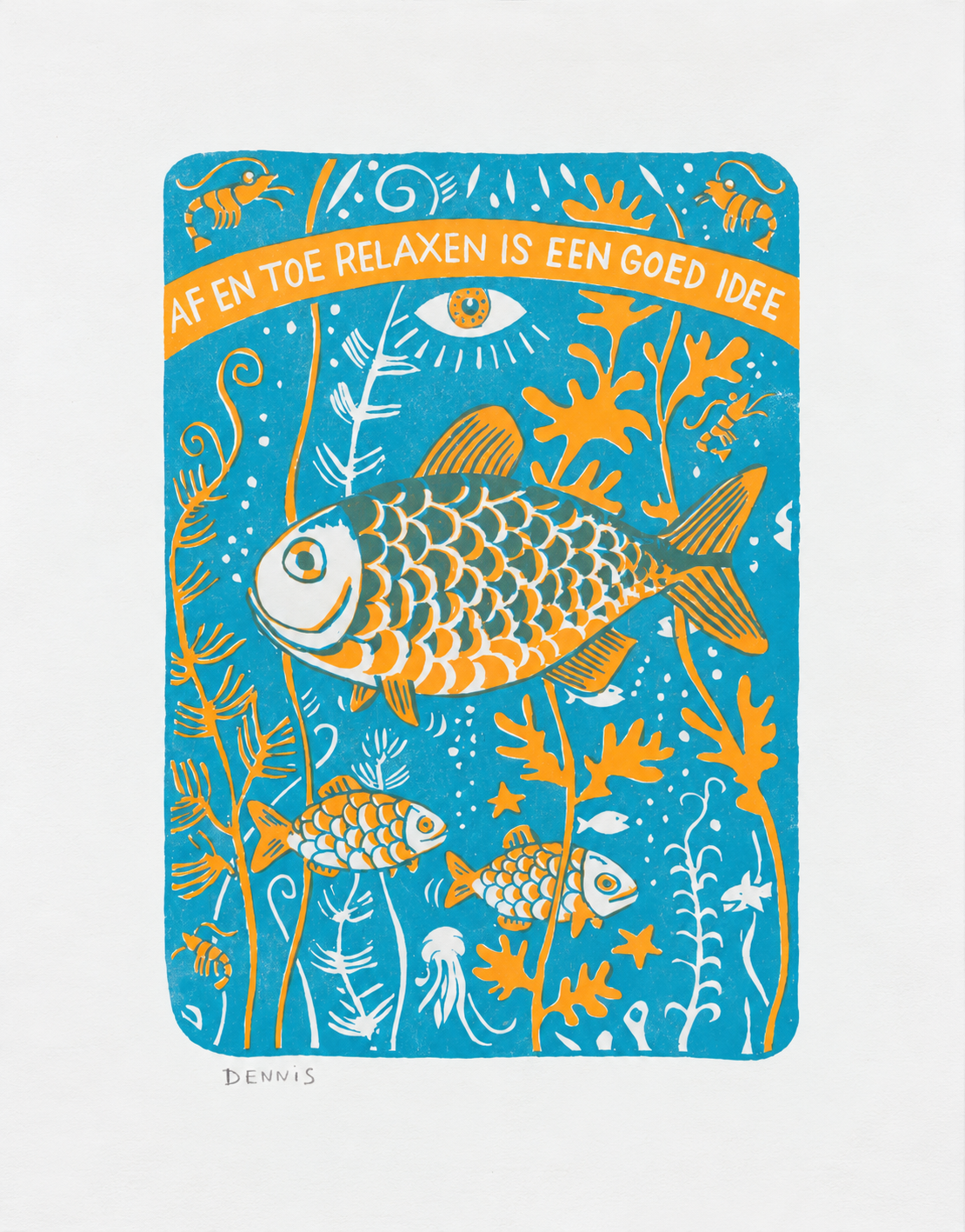 Two-colour screen print by Dennis Dellaert featuring playful orange and turquoise fish swimming among underwater plants, in a retro folk-art style. Vertical 30 × 40 cm wall art for cheerful home decor.