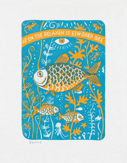 Two-colour screen print by Dennis Dellaert featuring playful orange and turquoise fish swimming among underwater plants, in a retro folk-art style. Vertical 30 × 40 cm wall art for cheerful home decor.